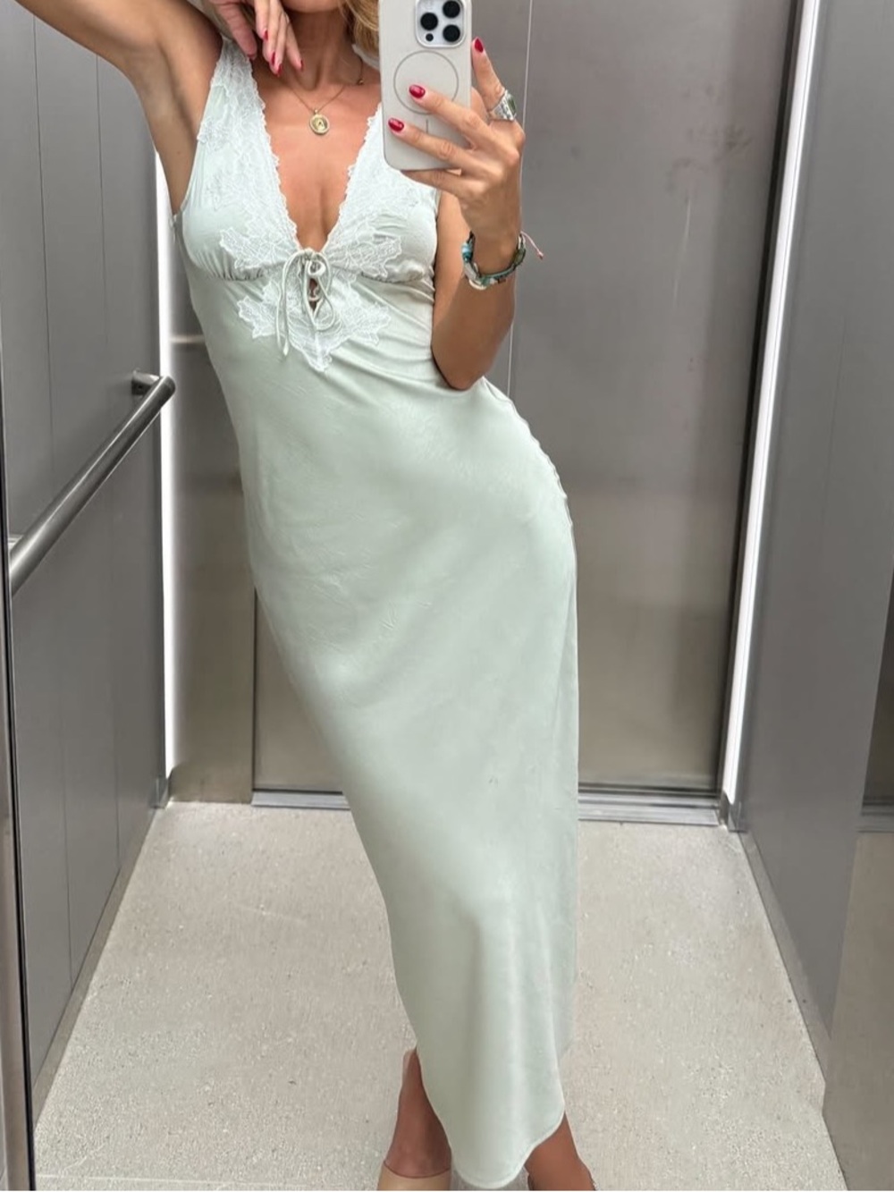 Stradivarius Satin Slip Midi Dress in Light Sage
